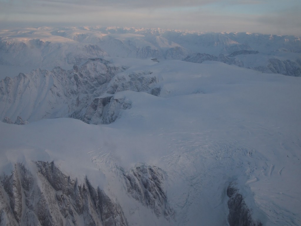 mountains and greenland ice sheet aerial
